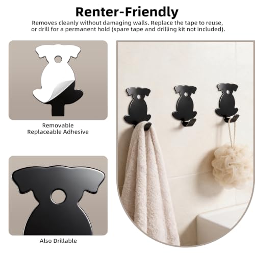 Black Puppy Stainless Steel Adhesive Shower Hooks No Damage Wall Hanging Towel