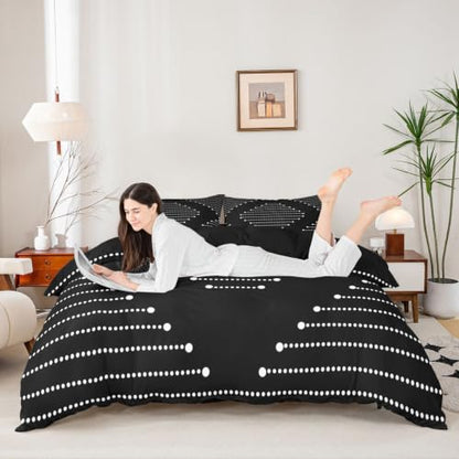 Black King Size Duvet Cover Set with Zipper Closure, Textured Stripe Pattern