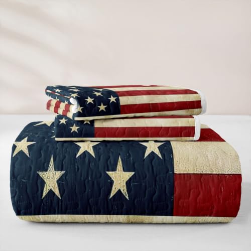 American Flag Quilt Set Star Print Bedspread Queen Lightweight Blanket with Pillowcases - Blue Red Yellow
