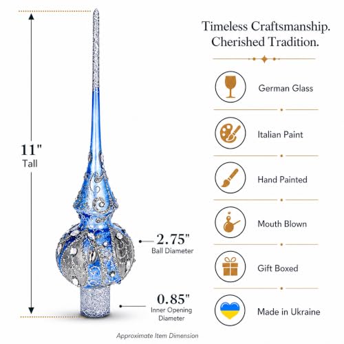 Ornate Blue Silver Glass Christmas Tree Topper with Hand-Painted Details
