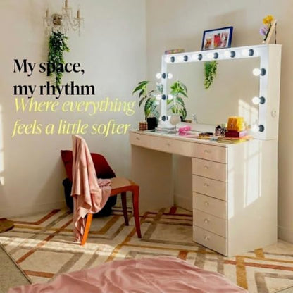 Vanity Desk with Framed Bulb Mirror – 8-Drawer Integrated Makeup Station