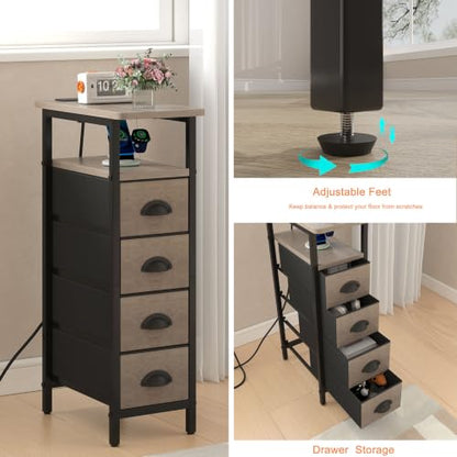 Nightstand Set 2 with Charging Station - Grey, 4 Fabric Drawers & LED RGB Light (Variation: Grey / Power & LED)