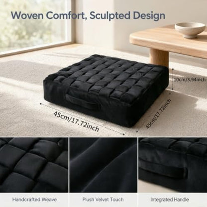 Black Square Floor Pillow Cushion with Velvet Cover and Handle - 18x18x4 Inch