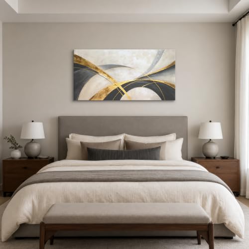 Geometric Abstract Canvas Wall Art - Black, Gold, Gray, Beige - 48 x 24 Inches