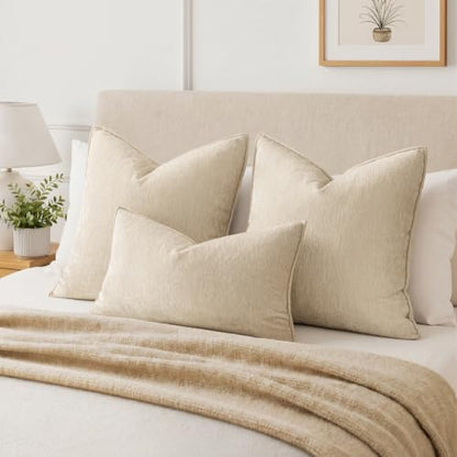 Chenille Couch Pillow Covers 18x18 Inch Set of 2 Natural Beige - Soft Durable Home Decor