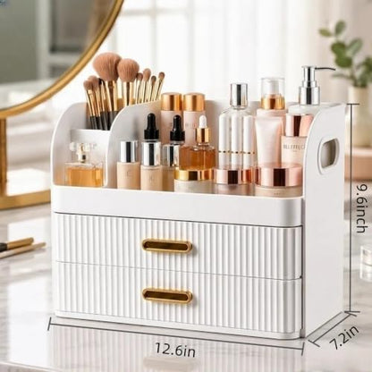 Makeup Organizer with Drawers and Brush Holder - Large White Vanity Storage