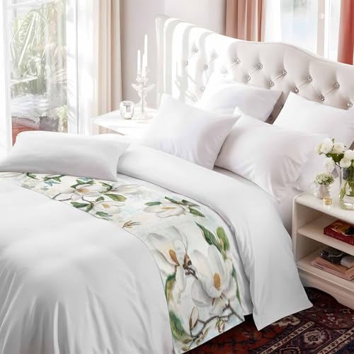 94x20in White Magnolia Flower Bed Runner for King Bed - Decorative Bed Scarf