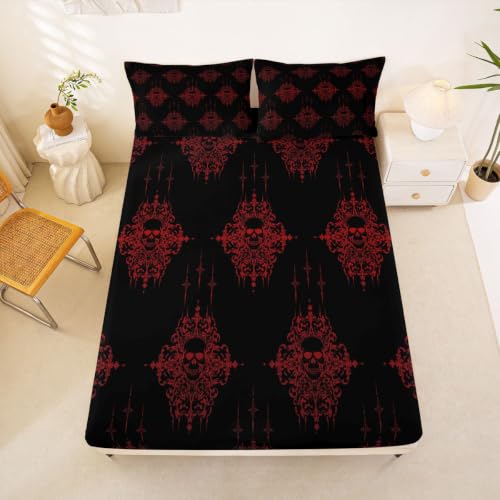 Gothic Skeleton Bed Sheets Set - Full Size Black and Red Victorian Style