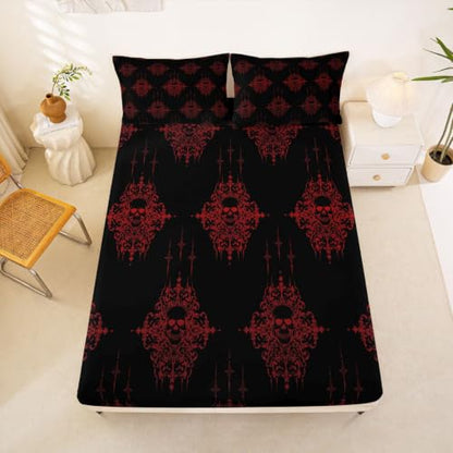Gothic Skeleton Bed Sheets Set - Full Size Black and Red Victorian Style