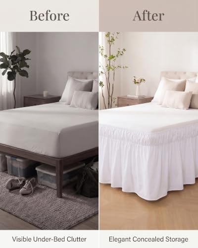 White Ruffled Bed Skirt Queen 15 Inch Drop Wrap-Around Dust Ruffle - YOPINCO