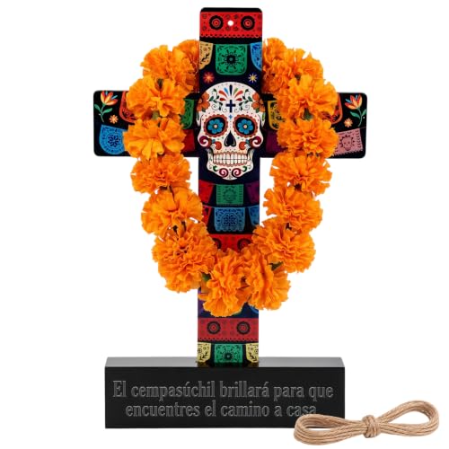 Amyhill Dia De Los Muertos Decor Wood Cross with Marigold Wreath - Classic