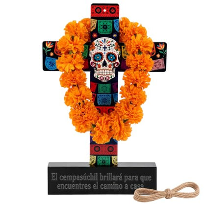 Amyhill Dia De Los Muertos Decor Wood Cross with Marigold Wreath - Classic