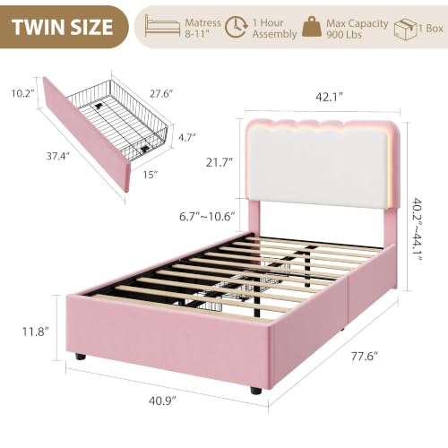 Pink Twin Bed Frame with Storage Drawers, LED Lights & Wavy Cloud Headboard