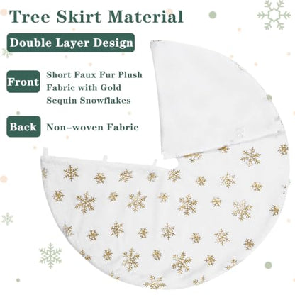 Gold Snowflakes Christmas Tree Skirt 36 Inches Faux Fur White Plush Holiday Decor