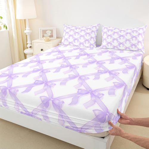 Kids Full Size Bed Sheet Set with Bowknot & Heart Pattern - Purple White, Deep Pocket, 3 Pieces - Manfei