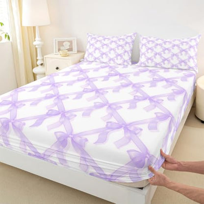 Kids Full Size Bed Sheet Set with Bowknot & Heart Pattern - Purple White, Deep Pocket, 3 Pieces - Manfei