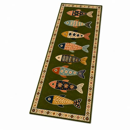 Fish Runner Rug 2x4ft - Washable Non-Slip Hallway Rug in Olive - Fish-Inspired Art