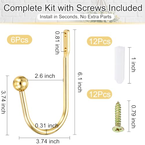 uxcell Gold Curtain Holdbacks 6 PCS Wall-Mounted Metal Drapery Hooks