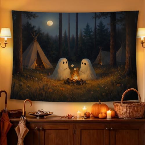 Ghost Camping Tapestry - Moonlit Forest Halloween Wall Decor 50x60in - Camping Variation