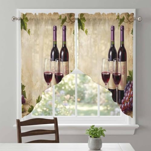 Red Wine Swag Curtains Set with 2 Panels - Burgundy, Moss, Brown, Merlot - 36W x 45L, Rustic Farmhouse Style