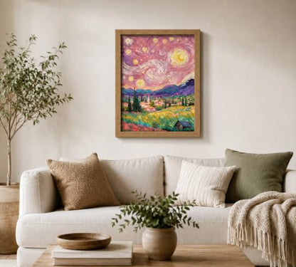 Pink Starry Night Wall Art Canvas - Framed Rural Impressionist Landscape - 10"L x 8"W