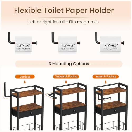 Freestanding Toilet Paper Holder with Storage Drawer & Shelves - Rustic Brown