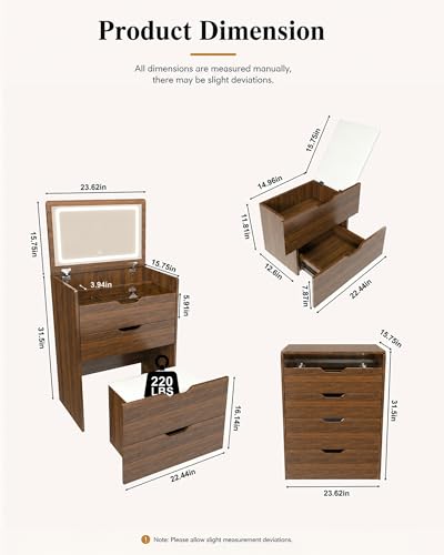 Walnut 23.6" 3-In-1 Makeup Vanity Desk with Flip Top Mirror & Light - Sliding Glass Top, Jewelry Organizer, Hidden Stool