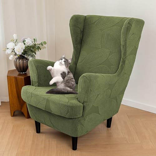 Olive Green 2-Piece Wingback Chair Slipcover - Washable, Elastic Bottom, One Size