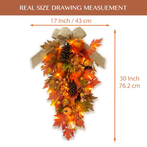 Pre-Lit Fall Teardrop Swag with Pumpkin & Maple Leaves - Autumn Decor