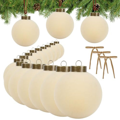 Velvet Christmas Balls Set - Creamy White 15 Pack with 10 Bows for Holiday Decor