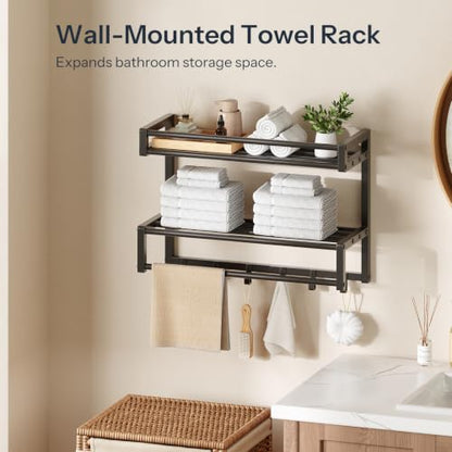 Wall-Mounted Towel Rack with 3 Tiers and 6 Hooks for Bathroom Organization