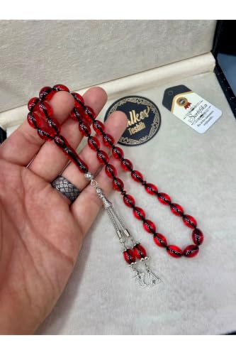 Religious Prayer Beads with Custom Engraving - Sıkma Kehribar, Silver Tassel, Leather Gift Box