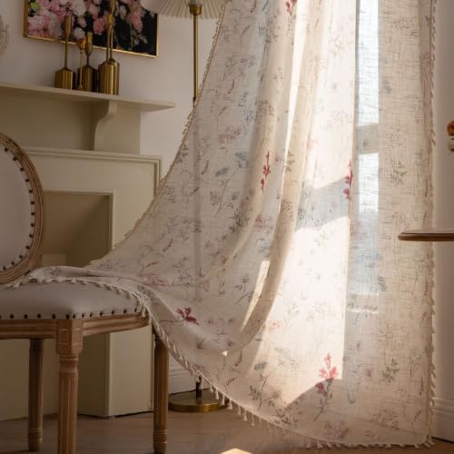 Beige Linen Farmhouse Floral Curtains Set - 2 Panels, 52x84 Inches, Boho Decor