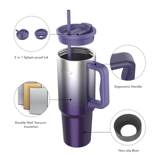 WOOVO 40 oz Tumbler with Handle and Straw, Insulated Coffee Mug with Splash Proof Lid, BPA Free Double Wall Stainless Steel Water Cup, Keep Beverages Cold, Gradient Purple