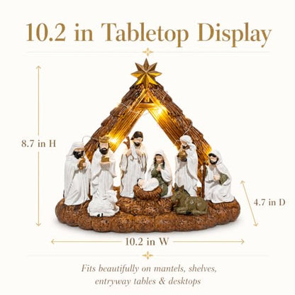 Lighted Nativity Set for Christmas - 10.2 Inch Resin Manger Scene with LED Lights