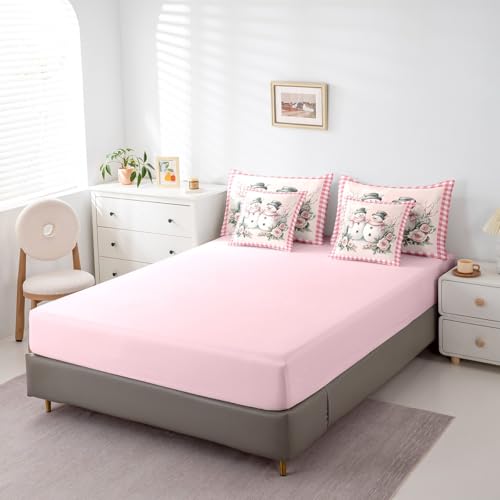Pink Snowman Bedding Set Twin Size with Comforter and Sheets - Christmas Kids Room Decor