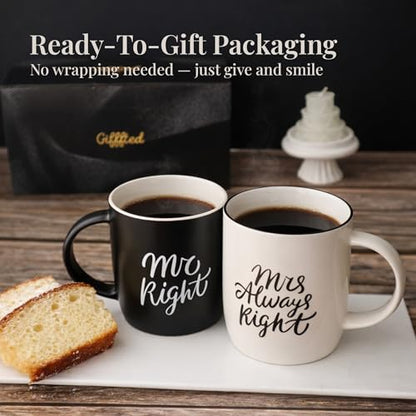 Black White Coffee Mug Set - Mr Right & Mrs Always Right 13oz Gift for Couples