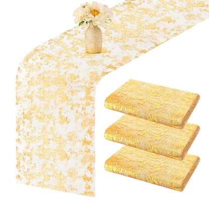 11x78.74 Inch Gold Glitter Table Runner Set - 3 Pack, Metallic Mesh for Party & Events