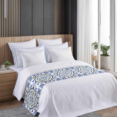 Queen Bed Runner Satin Majolica Print Blue Green Decorative 83x20 with Variation Blue & Slate Blue
