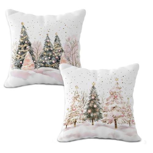 Christmas Tree Pillow Covers Set of 2 - Pink and Gold Holiday Decor 18x18 Inches