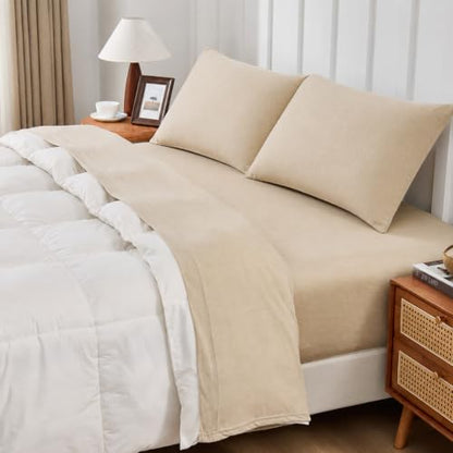 Queen Size Heathered Jersey Knit Cotton Sheet Set - Oatmeal | 4 Pieces