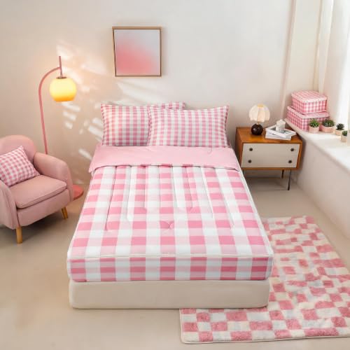 Kids Comforter Set Twin Size Pink Checkered Geometric Grid Bedding Set with Zipper