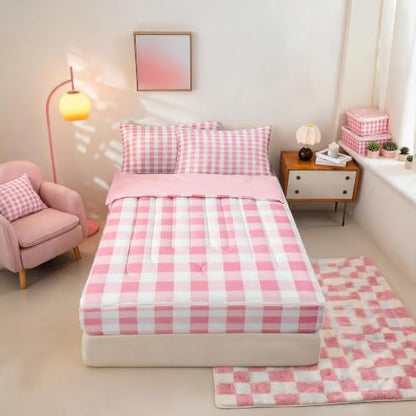 Kids Comforter Set Twin Size Pink Checkered Geometric Grid Bedding Set with Zipper
