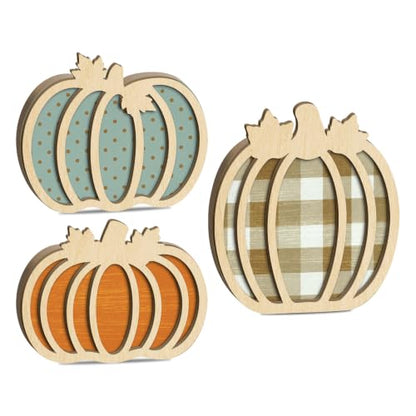 Putuo Decor 3pcs Fall Pumpkin Table Decorations - Orange Blue Plaid Variation