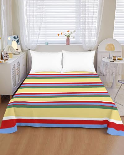 Yellow Queen Size Flat Sheet Microfiber Breathable Bed Top Sheet - Colorful Stripes