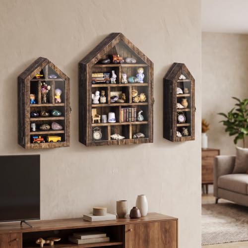Brown House-Shaped Wooden Trinket Shelf Set with Doors - 3 Pieces