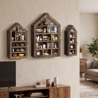 Brown House-Shaped Wooden Trinket Shelf Set with Doors - 3 Pieces