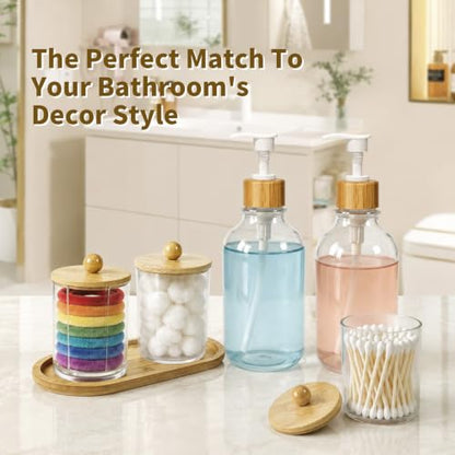 Bamboo Bathroom Organizer Set with Dispensers and Jars - Vanity Countertop Storage