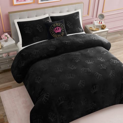 Juicy Couture Reversible Plush Crown Comforter Set - Black, Full/Queen with Decorative Pillow
