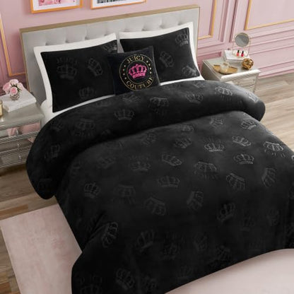 Juicy Couture Reversible Plush Crown Comforter Set - Black, Full/Queen with Decorative Pillow
